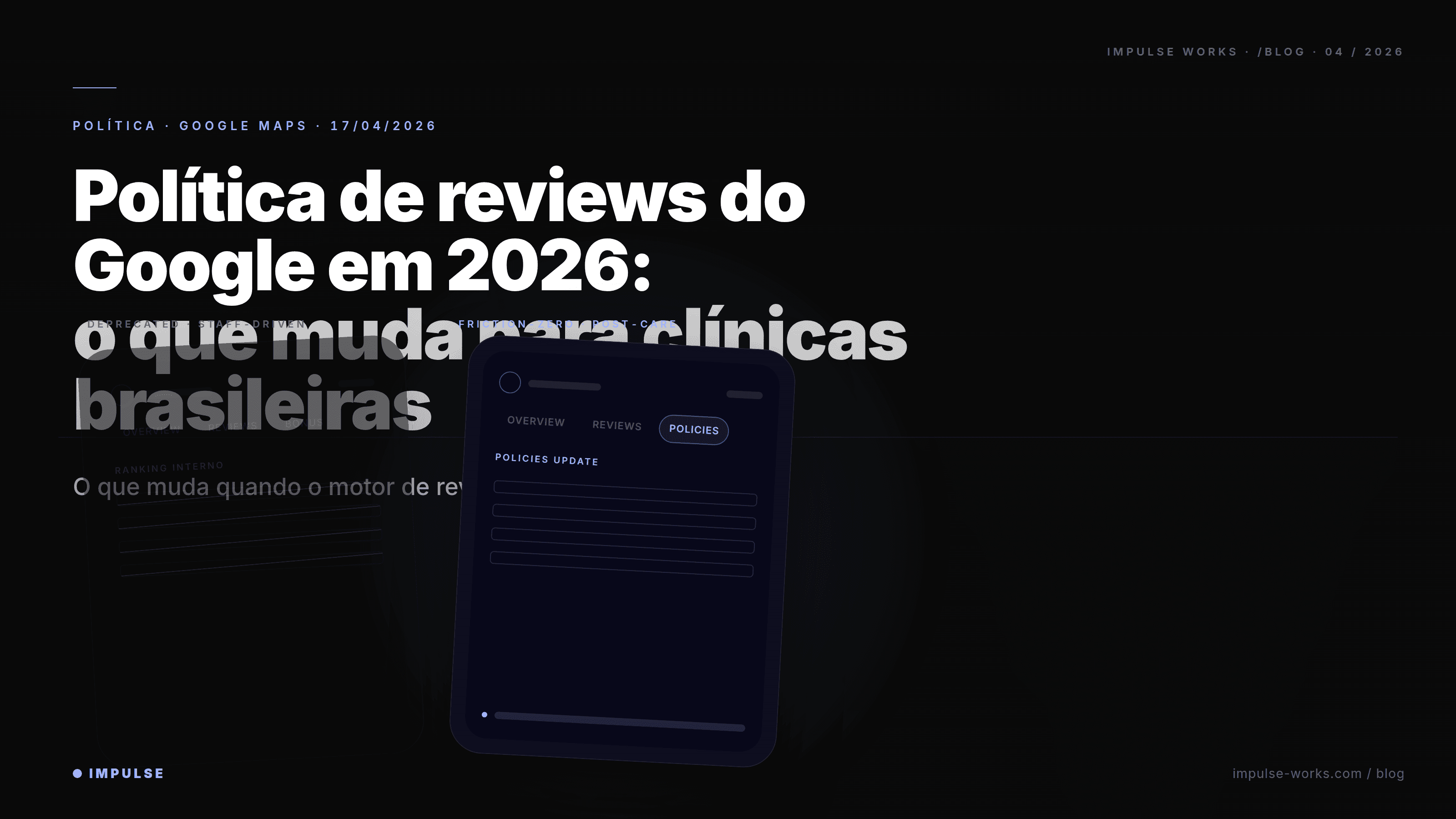 Tela de smartphone com painel de Business Profile, aba de políticas em destaque, sobre fundo escuro com halo periwinkle.