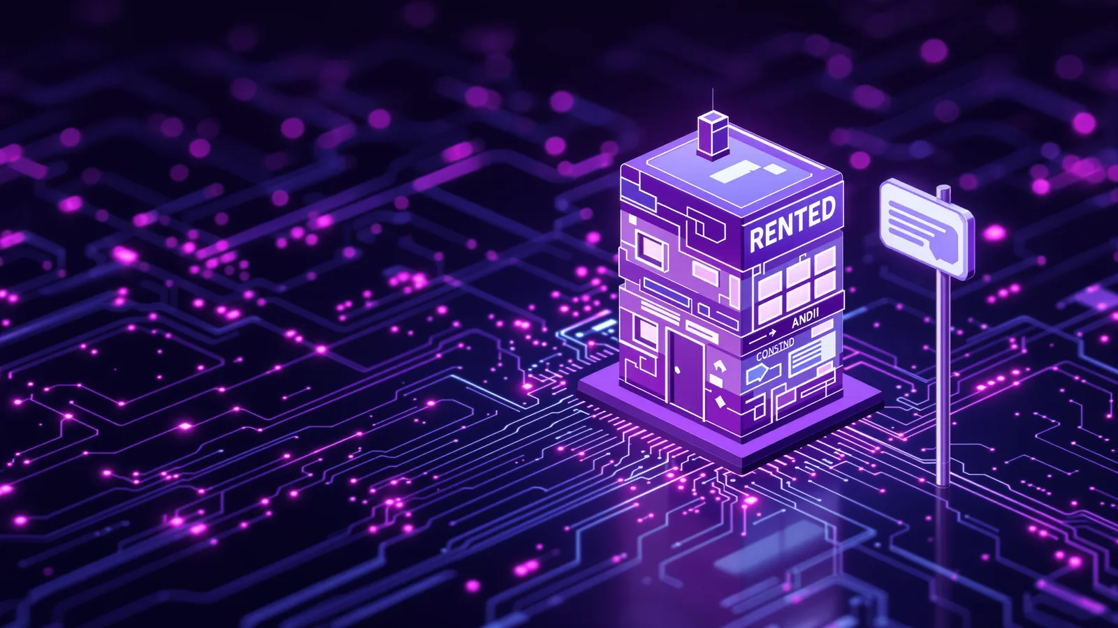 A house made of stacked content panels standing next to a fading rented ad signpost, linked by a glowing trail to a small AI chat panel.