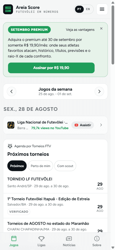 Versión móvil de Areia Score con partidos de la semana y agenda de torneos