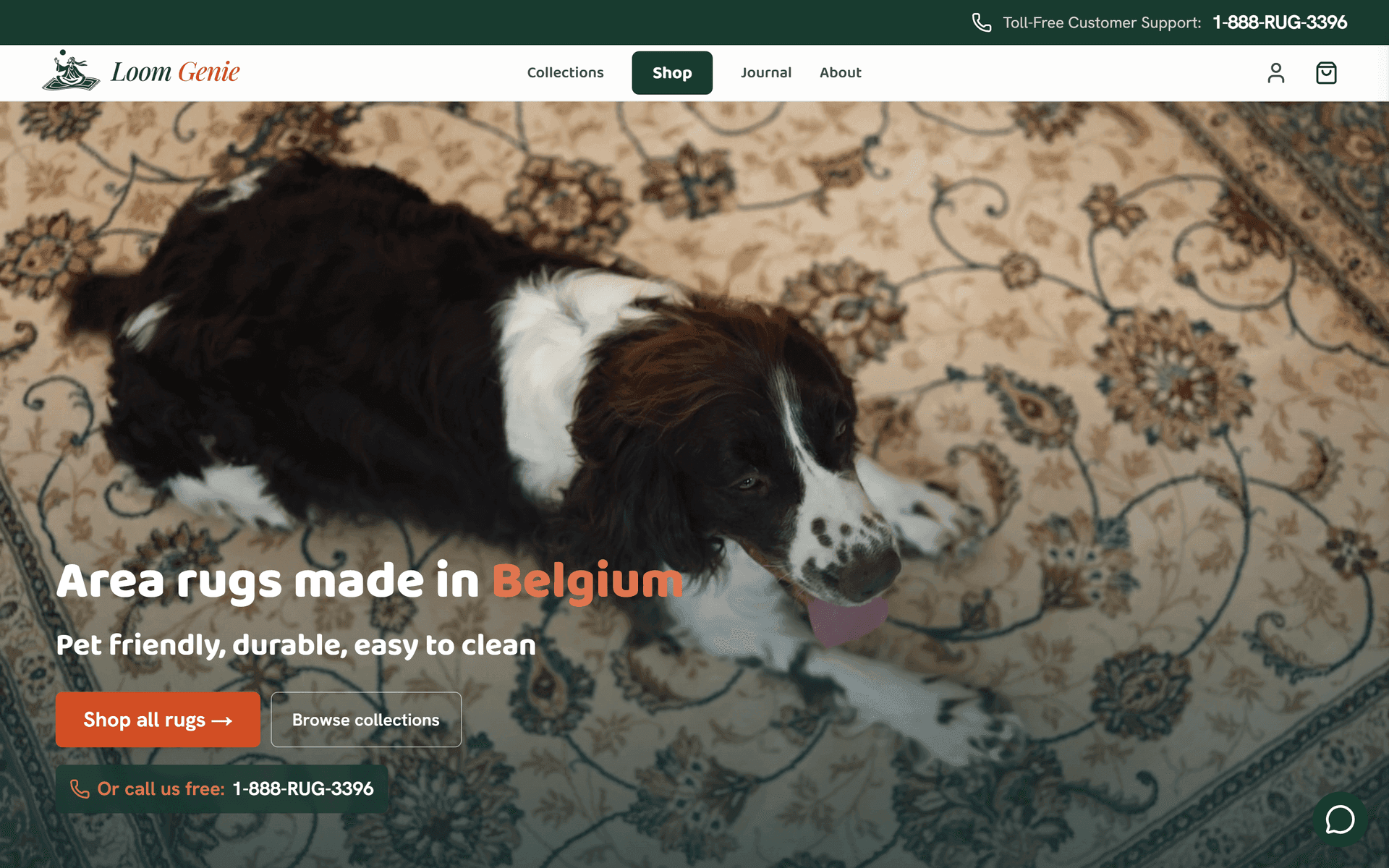 Página inicial da loja Loom Genie no desktop, com tapetes pet-friendly em destaque e navegação por coleções
